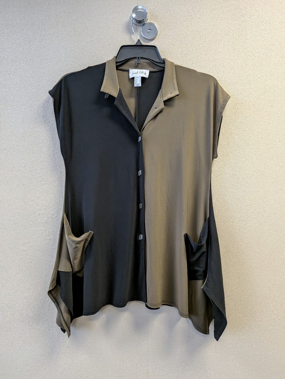 Joseph Ribkoff Two-Tone Colorblock Button Front Tunic Shirt | Black & Olive